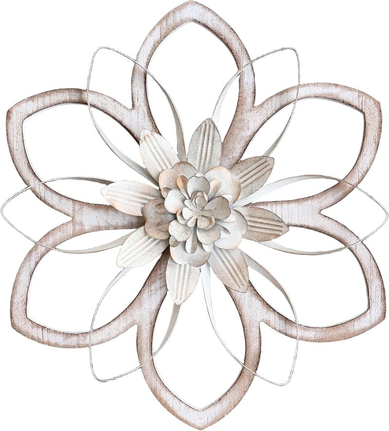 Remenna Metal & Wood Flowers Wall Decor, Rustic Wall Art Decoration Farmhouse Wall Decorations Multiple Floral Hanging Decor for Bathroom Living Room Home Office Garden Kitchen White 12inch - Image 1